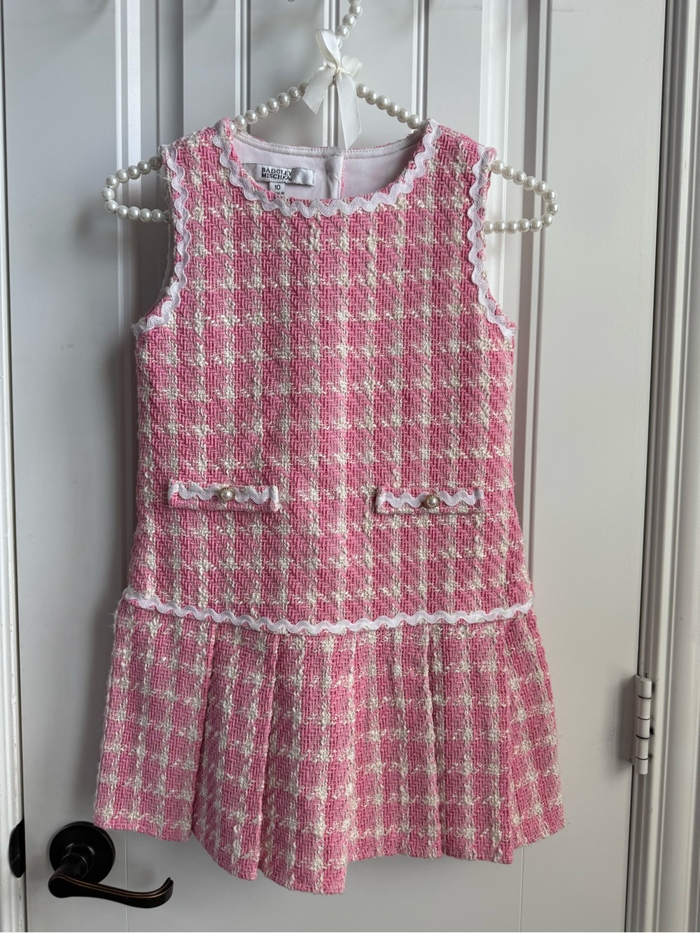 Badgley Mischka Pink and White Tweed Drop-Waist Dress